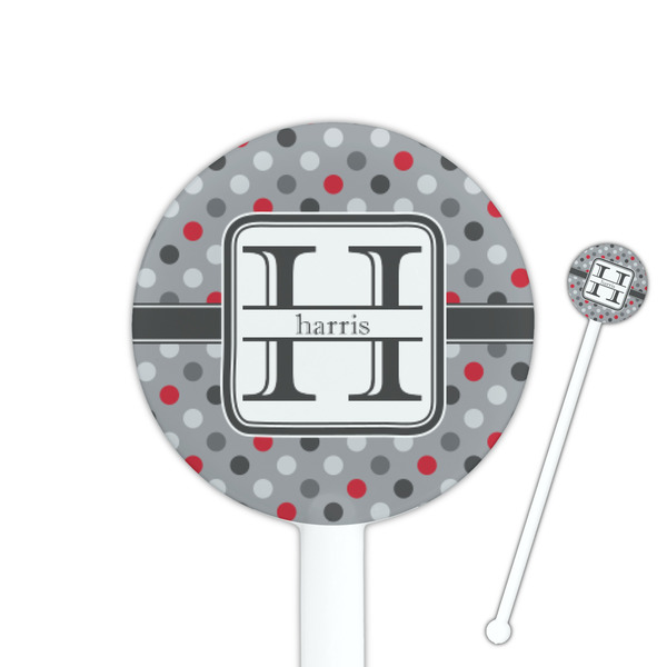 Custom Red & Gray Polka Dots 5.5" Round Plastic Stir Sticks - White - Single Sided (Personalized)