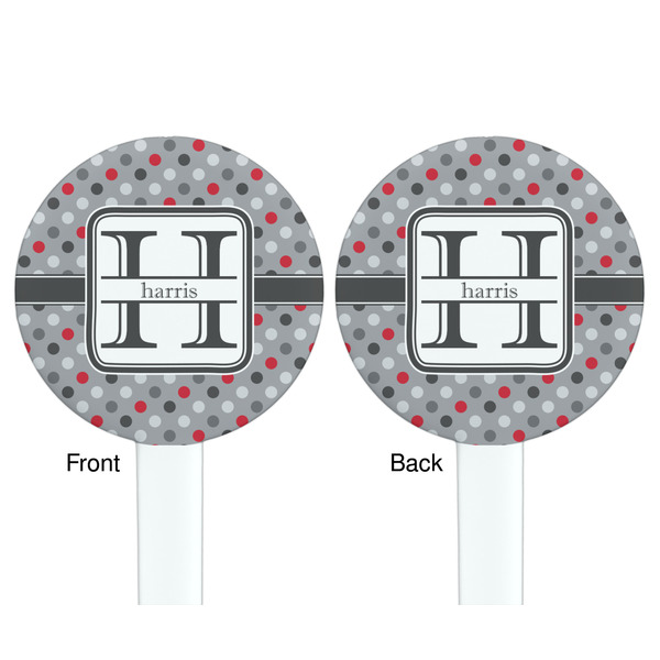Red & Gray Polka Dots White Plastic 7" Stir Stick - Double Sided - Round - Front & Back
