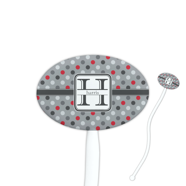 Custom Red & Gray Polka Dots 7" Oval Plastic Stir Sticks - White - Single Sided (Personalized)