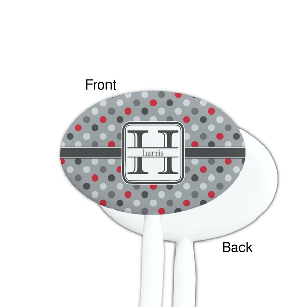 Red & Gray Polka Dots White Plastic 7" Stir Stick - Single Sided - Oval - Front & Back