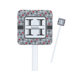 Red & Gray Polka Dots Square Plastic Stir Sticks - Single Sided (Personalized)