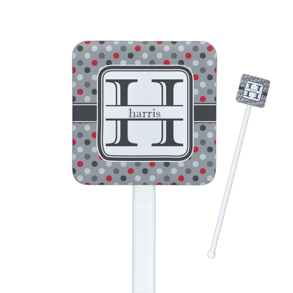 Custom Red & Gray Polka Dots Square Plastic Stir Sticks - Double Sided (Personalized)