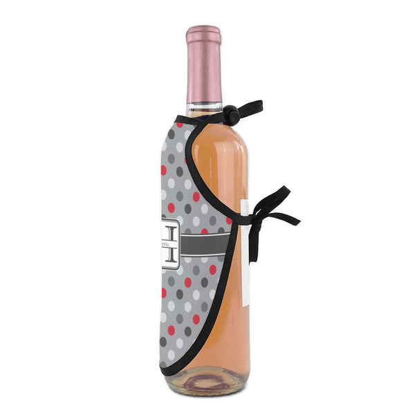 Red & Gray Polka Dots Wine Bottle Apron - DETAIL WITH CLIP ON NECK