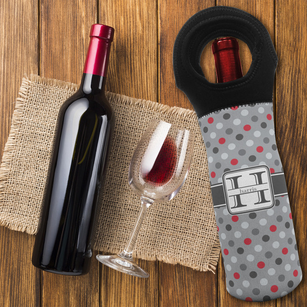 Red & Gray Polka Dots Wine Tote Bag - FLATLAY