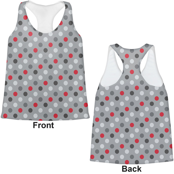 Red & Gray Polka Dots Womens Racerback Tank Tops - Medium - Front and Back