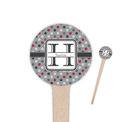 Red & Gray Polka Dots 4" Round Wooden Food Picks - Single Sided (Personalized)