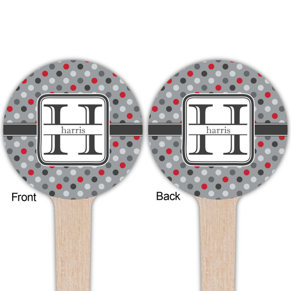 Red & Gray Polka Dots Wooden 4" Food Pick - Round - Double Sided - Front & Back