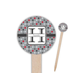 Red & Gray Polka Dots 6" Round Wooden Food Picks - Double Sided (Personalized)