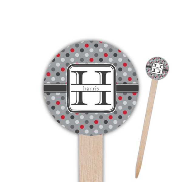 Custom Red & Gray Polka Dots 6" Round Wooden Food Picks - Single Sided (Personalized)