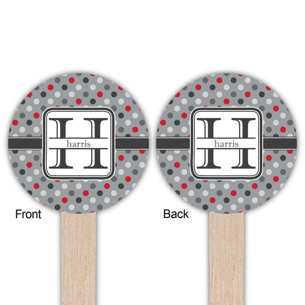 Red & Gray Polka Dots Wooden 6" Food Pick - Round - Double Sided - Front & Back