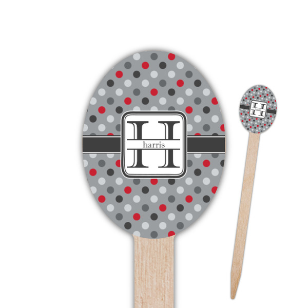 Custom Red & Gray Polka Dots Oval Wooden Food Picks (Personalized)