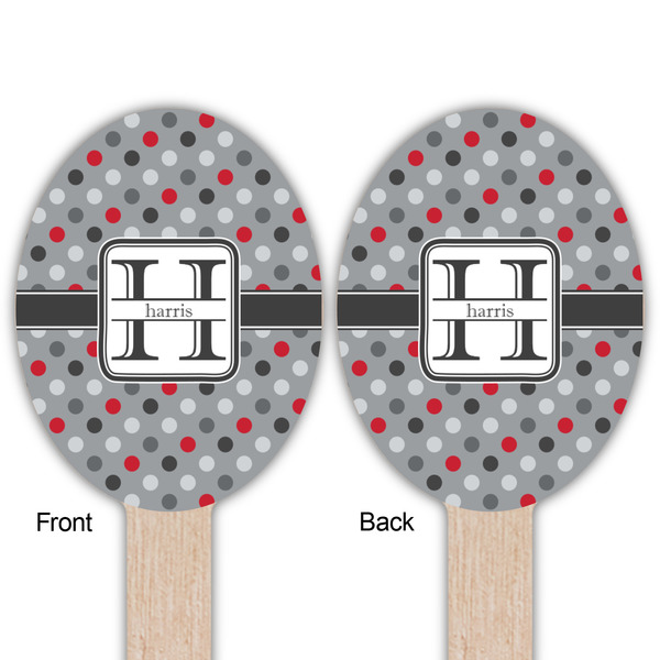 Red & Gray Polka Dots Wooden Food Pick - Oval - Double Sided - Front & Back
