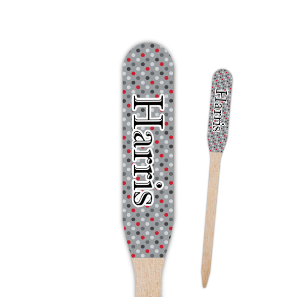 Custom Red & Gray Polka Dots Paddle Wooden Food Picks (Personalized)