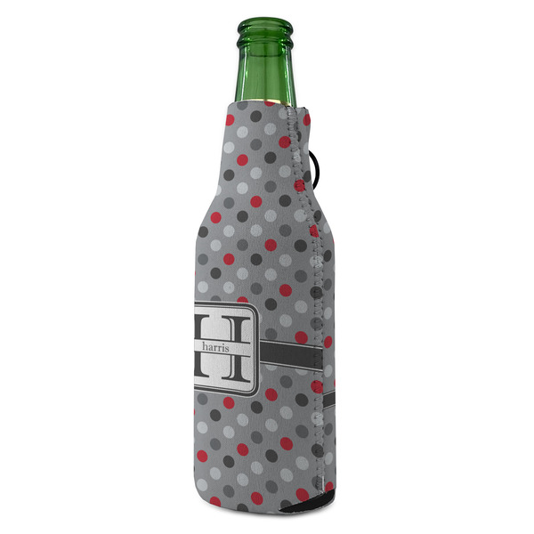 Red & Gray Polka Dots Zipper Bottle Cooler - ANGLE (bottle)