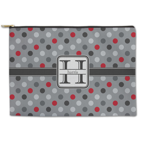 Custom Red & Gray Polka Dots Zipper Pouch - Large - 12.5"x8.5" (Personalized)