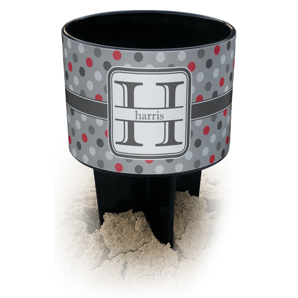 Custom Red & Gray Polka Dots Black Beach Spiker Drink Holder (Personalized)