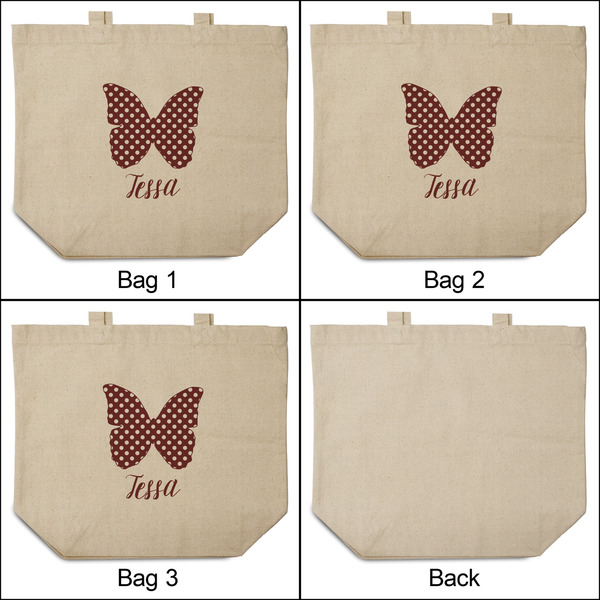 Polka Dot Butterfly 3 Reusable Cotton Grocery Bags - Front & Back View