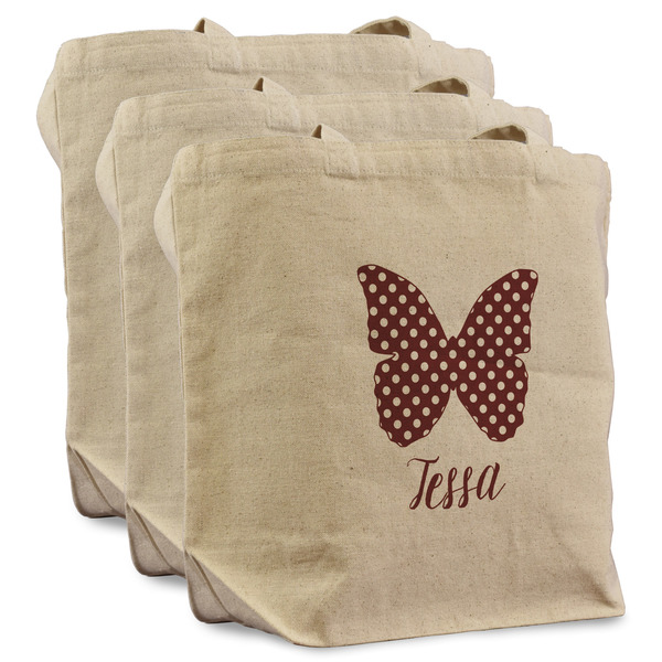 Custom Polka Dot Butterfly Reusable Cotton Grocery Bags - Set of 3 (Personalized)