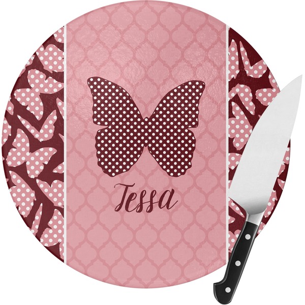 Custom Polka Dot Butterfly Round Glass Cutting Board - Small (Personalized)