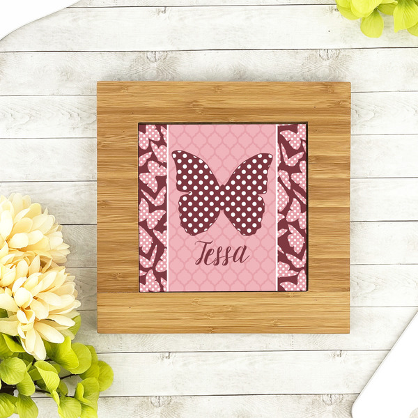 Polka Dot Butterfly Bamboo Trivet with 6" Tile - LIFESTYLE