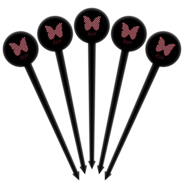 Polka Dot Butterfly Black Plastic 4" Food Pick - Round - Fan View