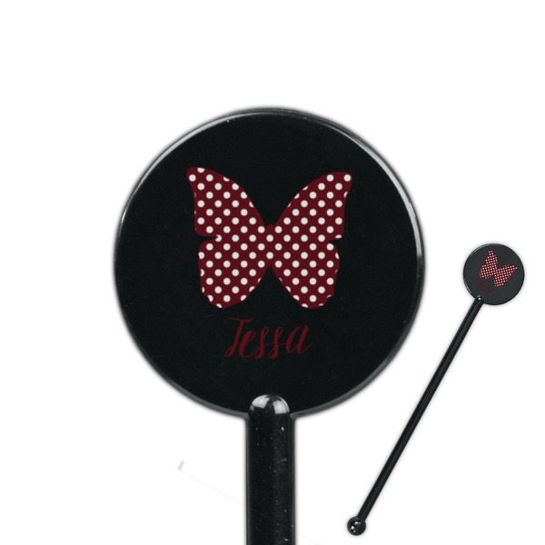 Custom Polka Dot Butterfly 5.5" Round Plastic Stir Sticks - Black - Single Sided (Personalized)