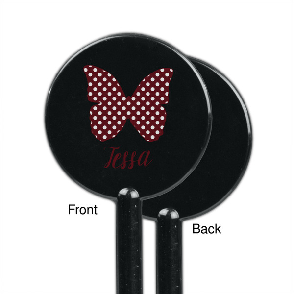 Polka Dot Butterfly Black Plastic 5.5" Stir Stick - Single Sided - Round - Front & Back