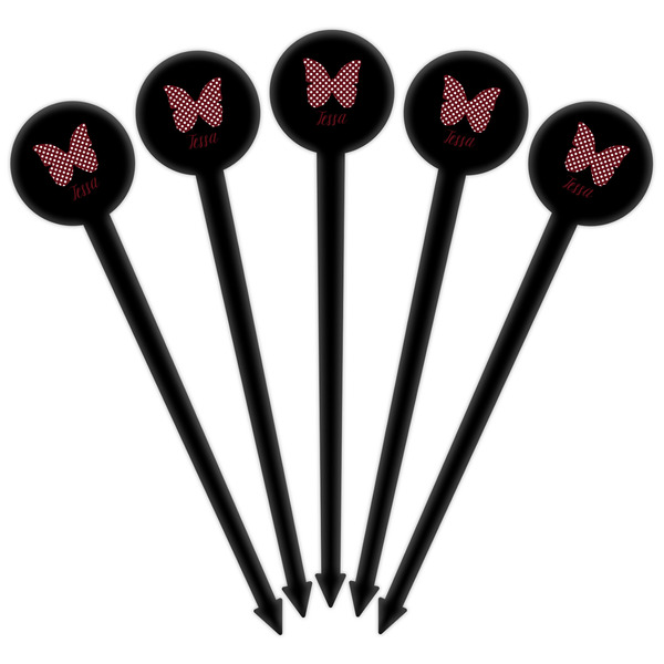 Polka Dot Butterfly Black Plastic 6" Food Pick - Round - Fan View
