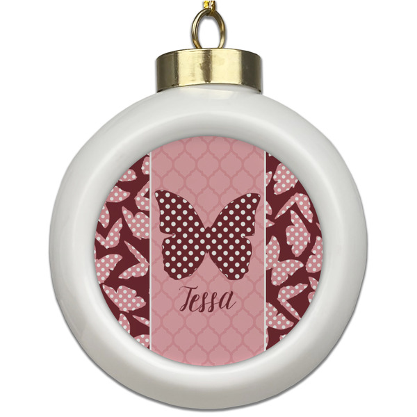 Custom Polka Dot Butterfly Ceramic Ball Ornament (Personalized)