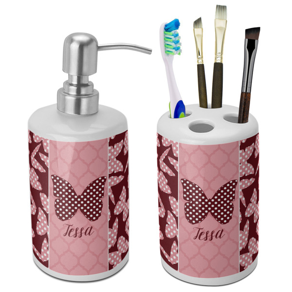 Custom Polka Dot Butterfly Ceramic Bathroom Accessories Set (Personalized)