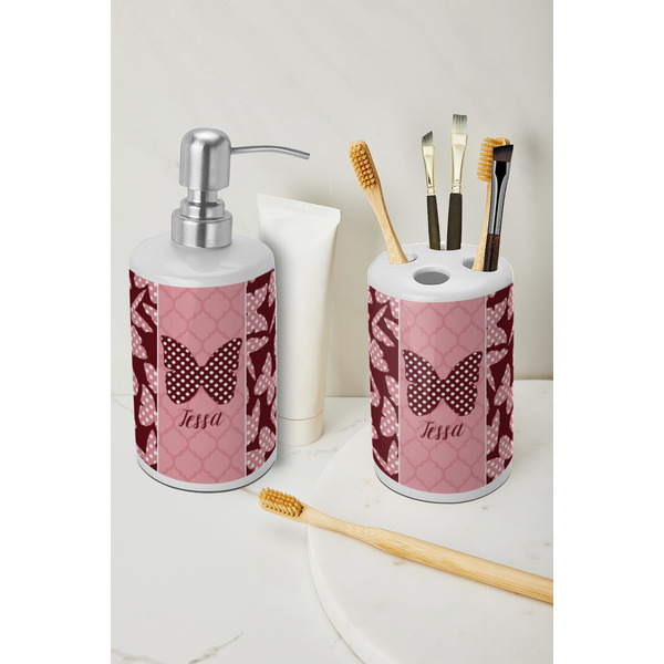 Polka Dot Butterfly Ceramic Bathroom Accessories - LIFESTYLE (toothbrush holder & soap dispenser)