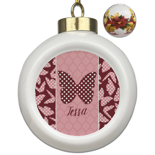 Custom Polka Dot Butterfly Ceramic Ball Ornaments - Poinsettia Garland (Personalized)