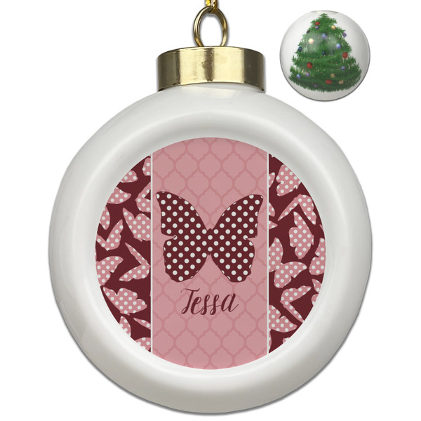 Custom Polka Dot Butterfly Ceramic Ball Ornament - Christmas Tree (Personalized)