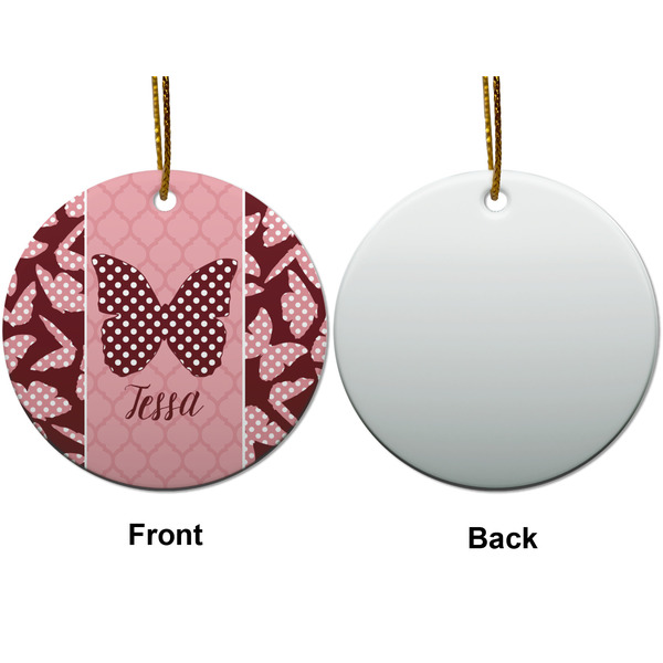 Polka Dot Butterfly Ceramic Flat Ornament - Circle Front & Back (APPROVAL)