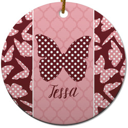 Polka Dot Butterfly Round Ceramic Ornament w/ Name or Text