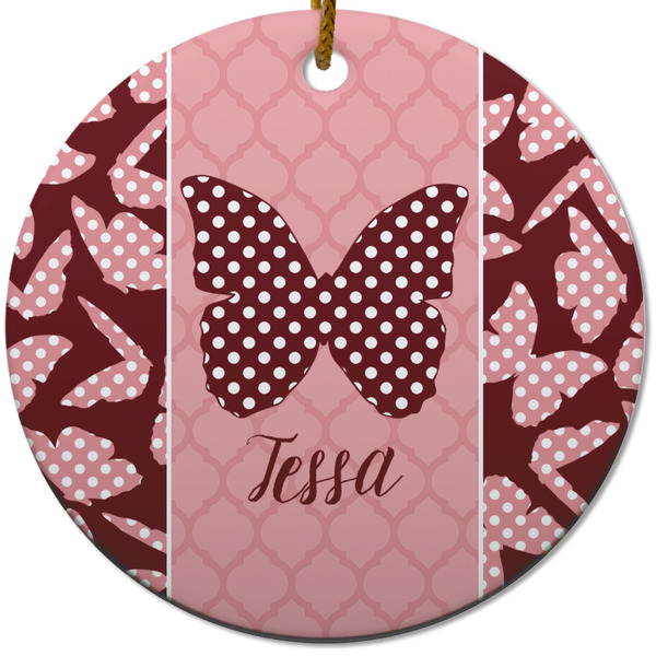 Custom Polka Dot Butterfly Round Ceramic Ornament w/ Name or Text