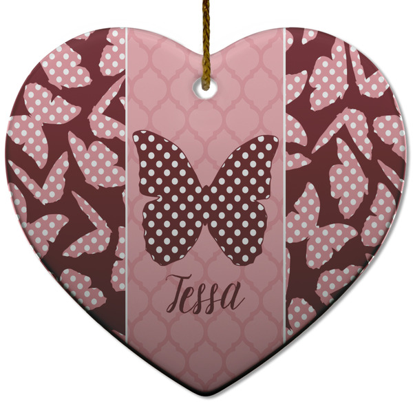 Custom Polka Dot Butterfly Heart Ceramic Ornament w/ Name or Text