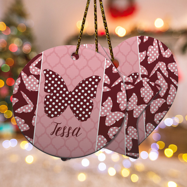 Custom Polka Dot Butterfly Ceramic Ornament w/ Name or Text