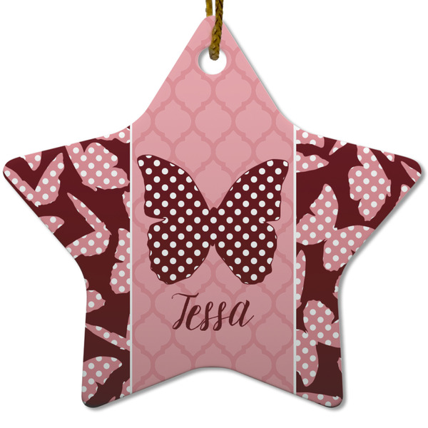 Custom Polka Dot Butterfly Star Ceramic Ornament w/ Name or Text