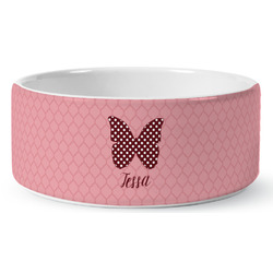Polka Dot Butterfly Ceramic Dog Bowl - Large (Personalized)