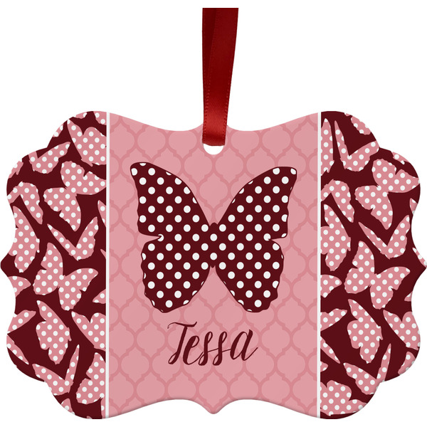 Custom Polka Dot Butterfly Metal Frame Ornament - Double Sided w/ Name or Text
