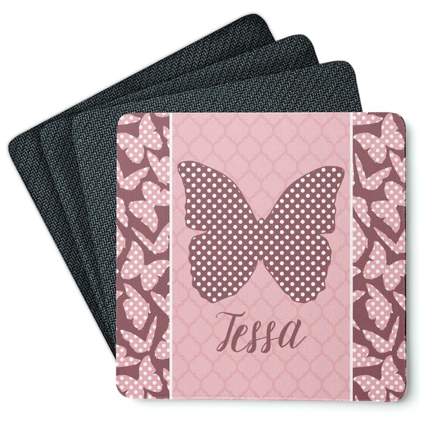 Custom Polka Dot Butterfly Square Rubber Backed Coasters - Set of 4 (Personalized)