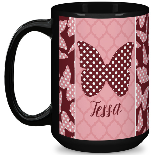 Custom Polka Dot Butterfly 15 Oz Coffee Mug - Black (Personalized)
