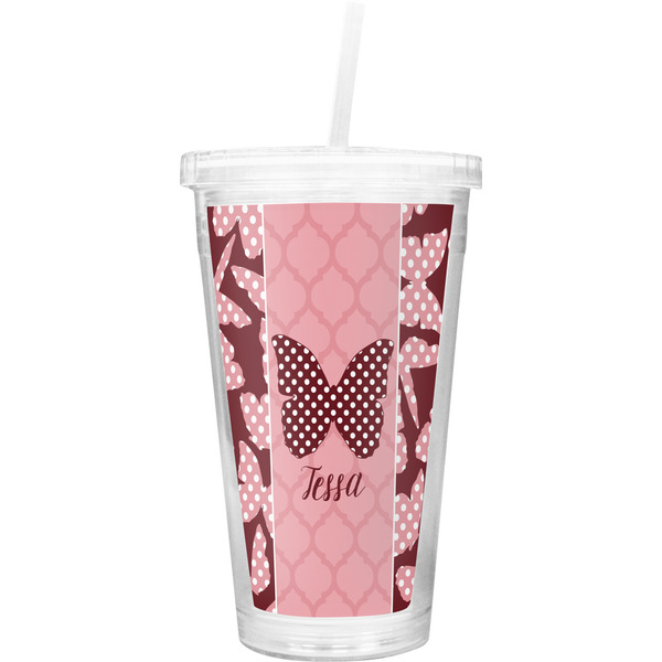 Custom Polka Dot Butterfly Double Wall Tumbler with Straw (Personalized)