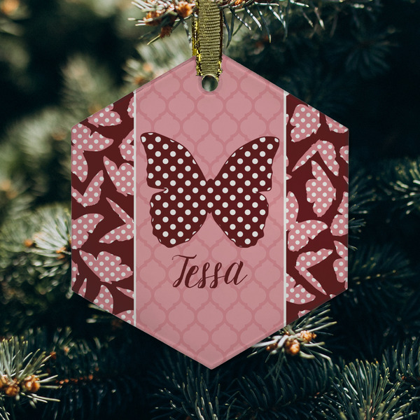 Polka Dot Butterfly Frosted Glass Ornament - Hexagon (Lifestyle)