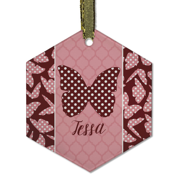 Custom Polka Dot Butterfly Flat Glass Ornament - Hexagon w/ Name or Text