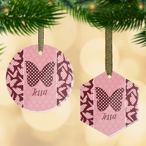 Custom Polka Dot Butterfly Flat Glass Ornament w/ Name or Text