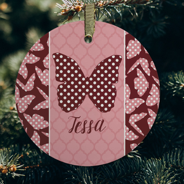 Polka Dot Butterfly Frosted Glass Ornament - Round (Lifestyle)