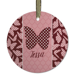 Polka Dot Butterfly Flat Glass Ornament - Round w/ Name or Text