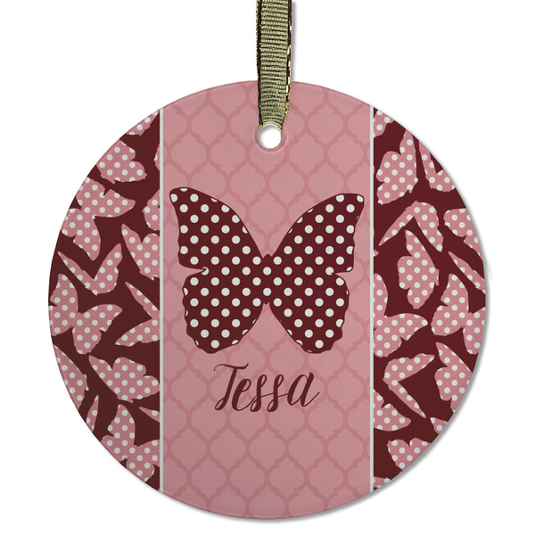 Custom Polka Dot Butterfly Flat Glass Ornament - Round w/ Name or Text